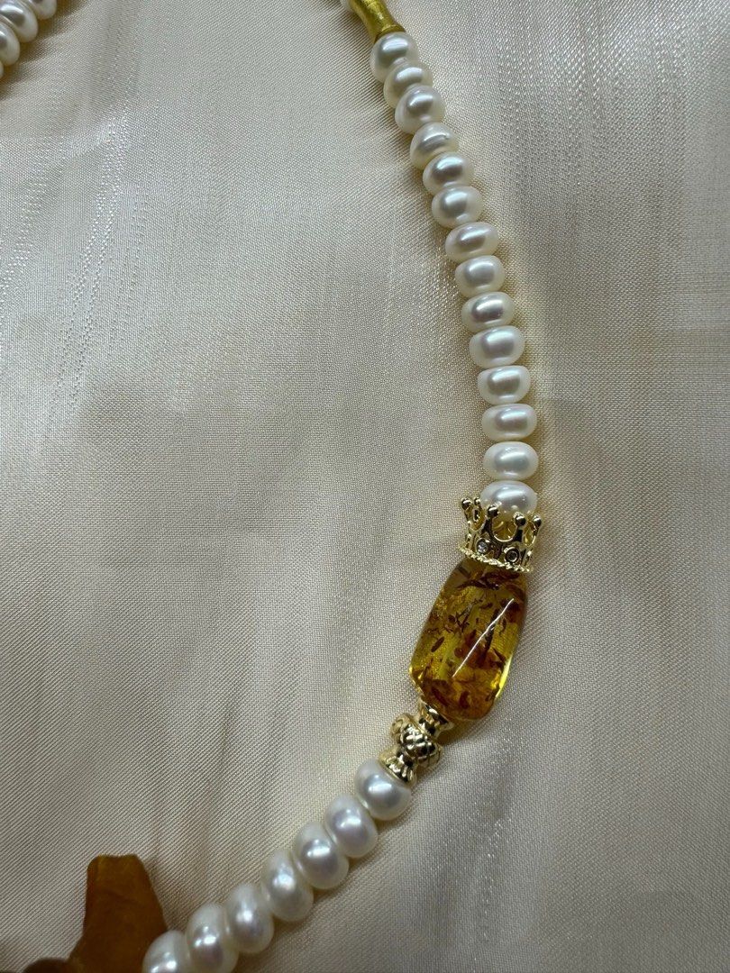 #PN225 Orange Juice |Freshwater Pearl Necklace & Bracelet Set |Bun Pearl|Amber|Big Beeswax|White Baroque Pearl