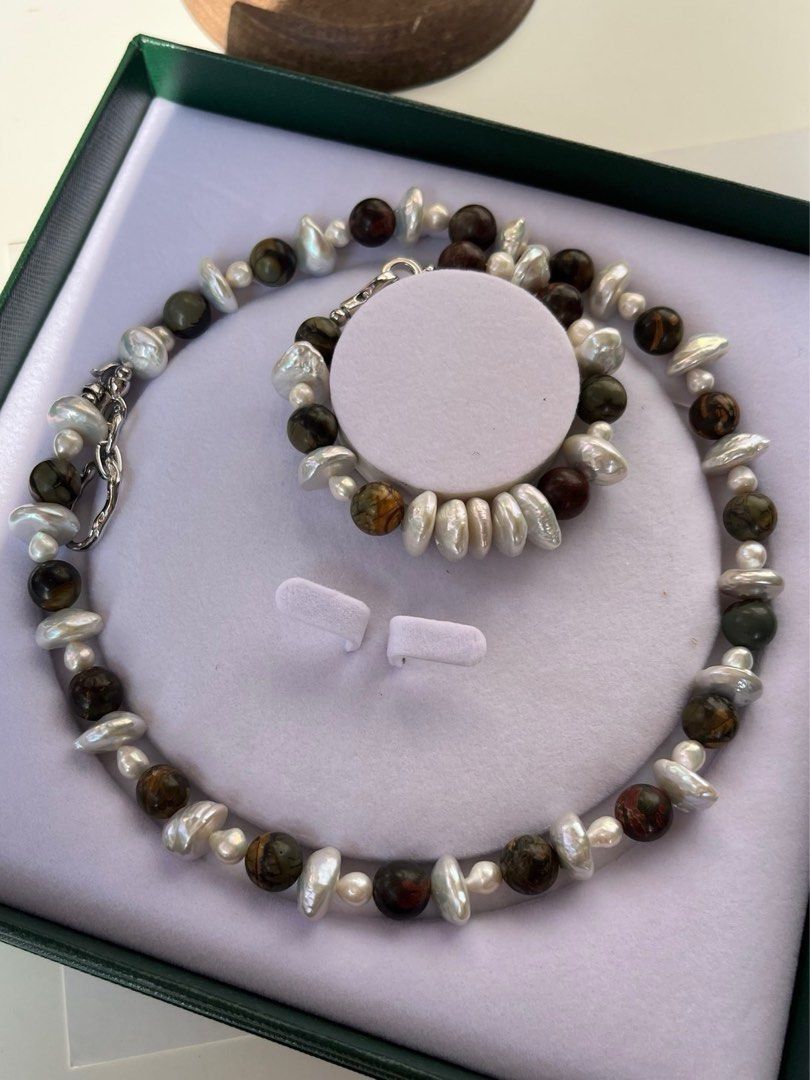 #PN241 Mushroom Forest | Freshwater Pearl Necklace & Bracelet Set |Coin Pearl|Sandalwood|Can Connect as Long Necklace
