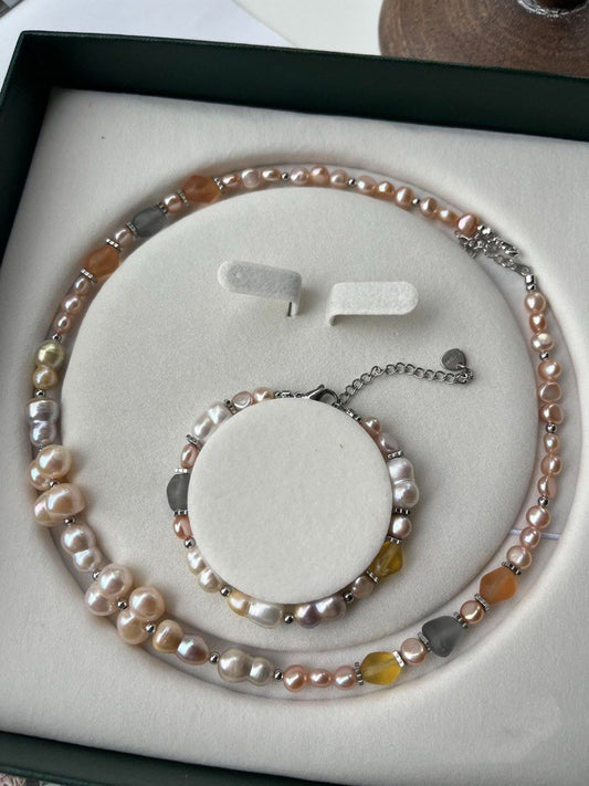 #PN210 Golden Age|Freshwater Pearl Bracelet & Necklace Set|Baroque Pearl |Gourd Shaped|Coloured Glaze