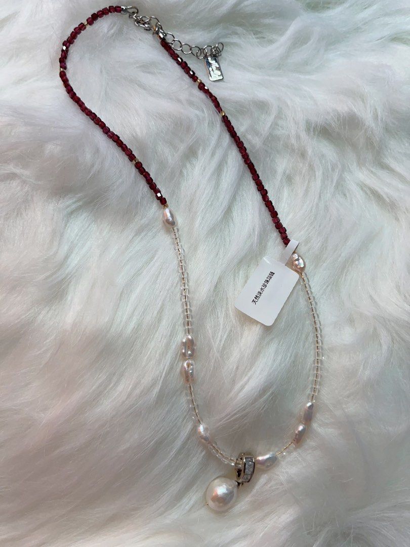 #PN278 Dark Red | Freshwater Pearl Necklace | Garnet Cubes| Import Beads| Keshi Baroque | Removable Pendant Pearl
