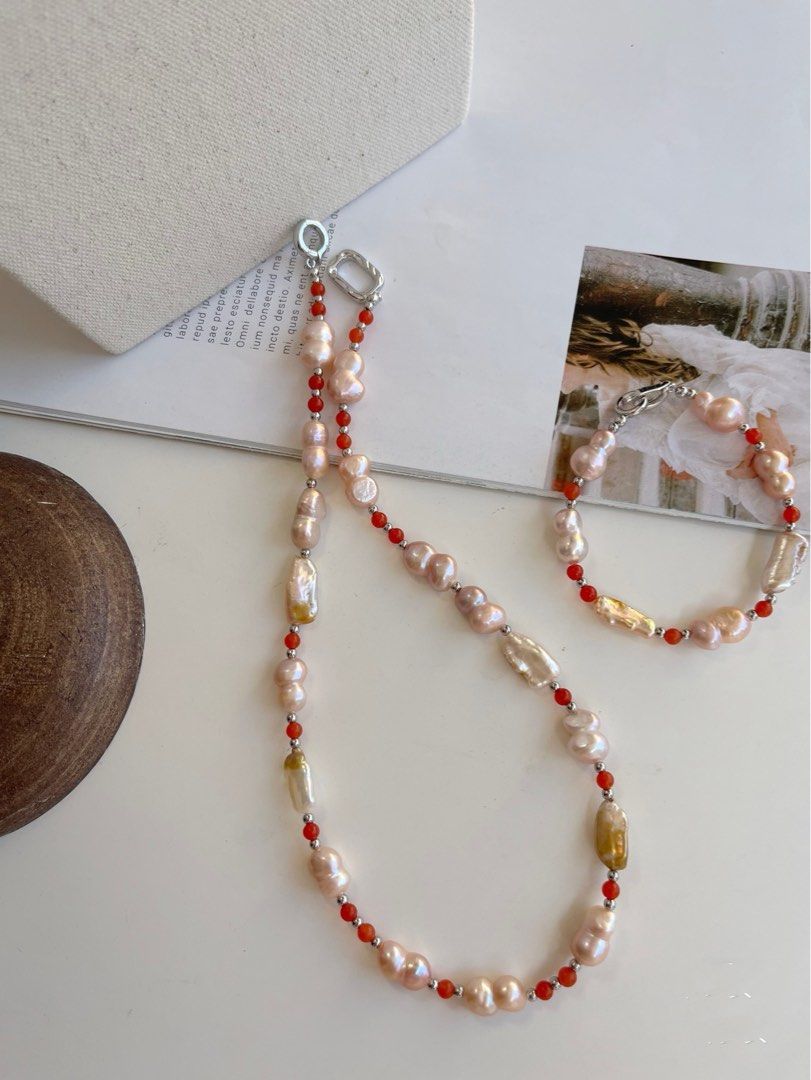 #PN66 Paint Red|Freshwater Pearl Necklace & Bracelet Set |Natural Stones|Gourd Pearl|Irregular