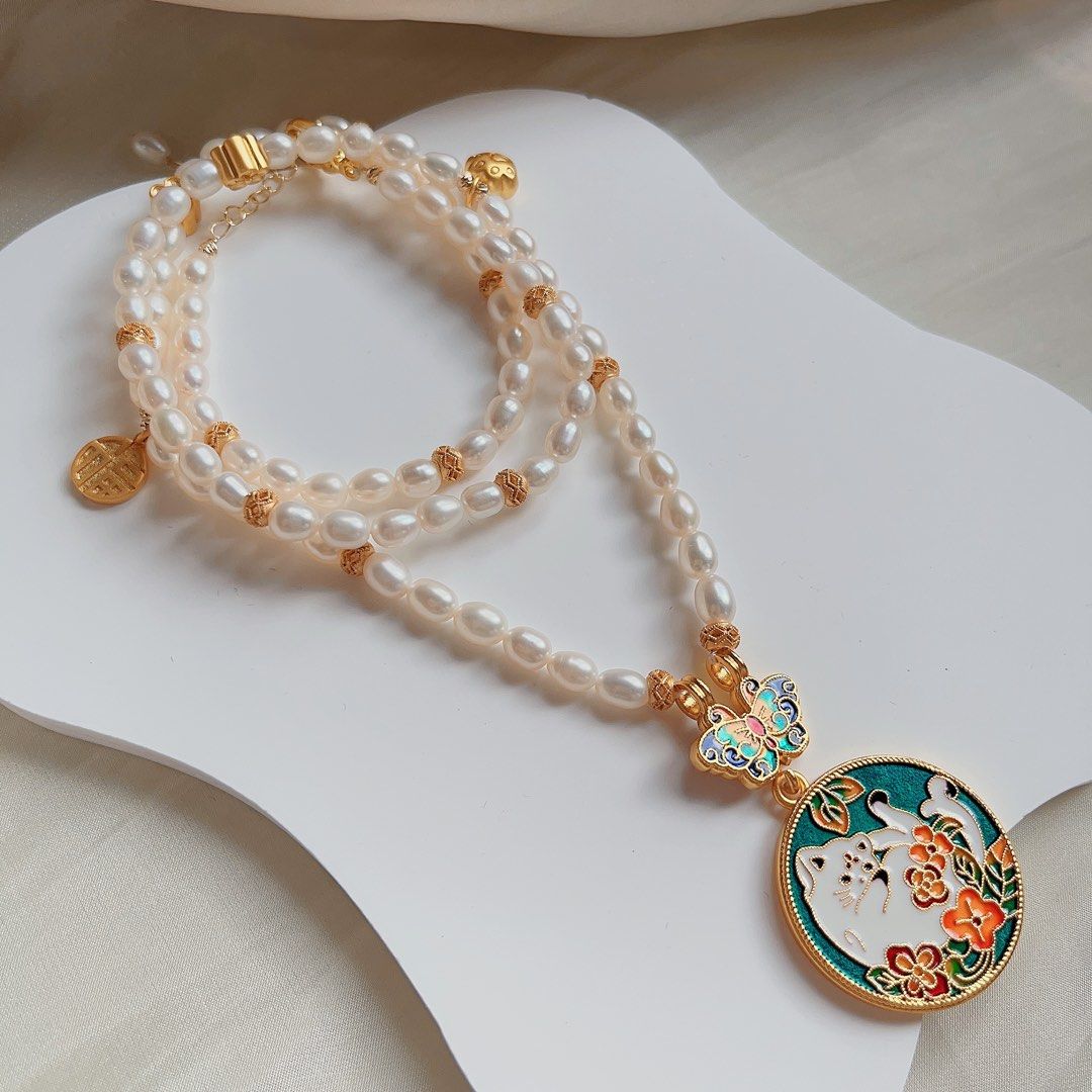 #PN99 Freshwater Pearl Long Necklace |Double-sided Cat Pendent| Alluvial Gold Plated