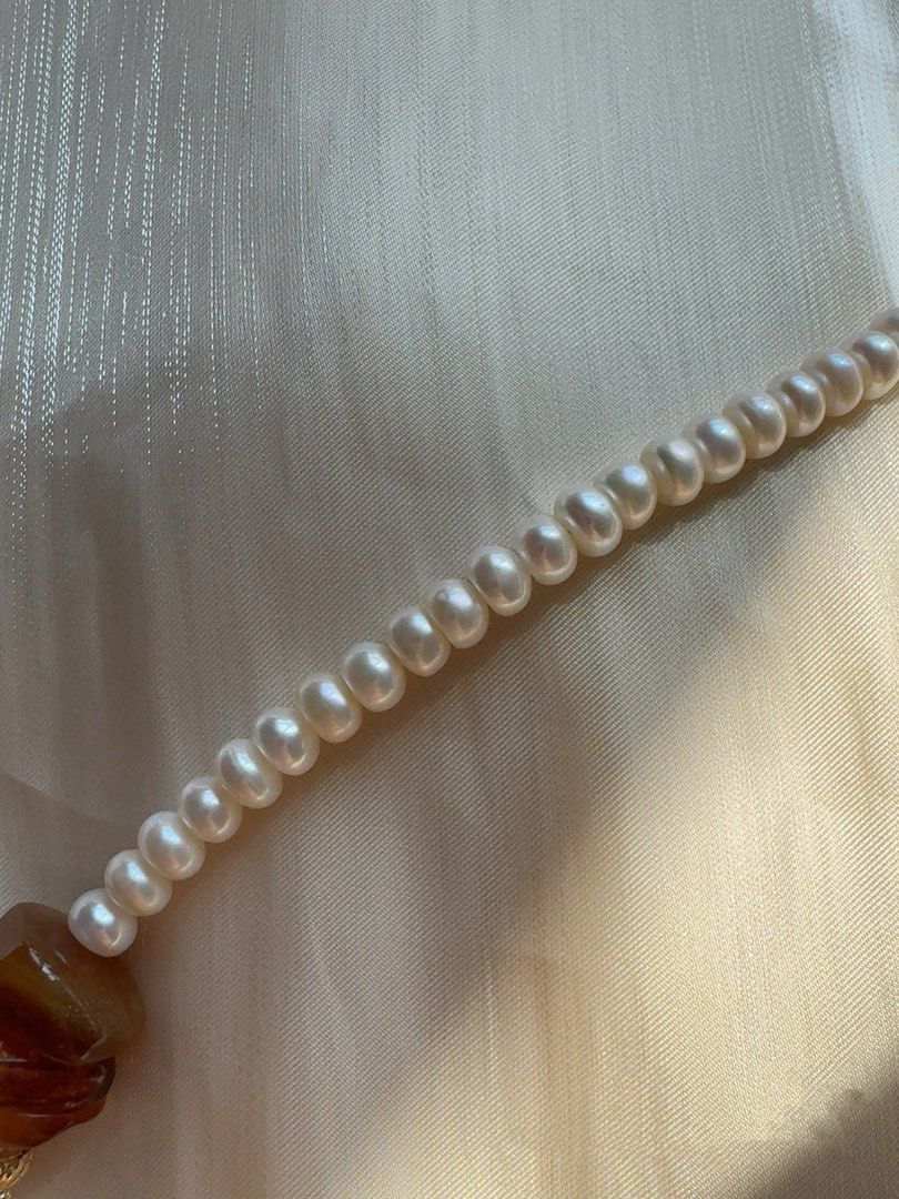 #PN225 Orange Juice |Freshwater Pearl Necklace & Bracelet Set |Bun Pearl|Amber|Big Beeswax|White Baroque Pearl