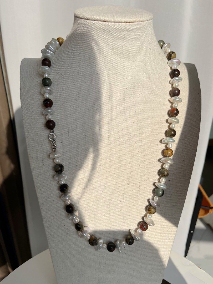 #PN241 Mushroom Forest | Freshwater Pearl Necklace & Bracelet Set |Coin Pearl|Sandalwood|Can Connect as Long Necklace