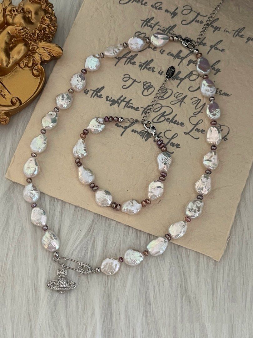 #PN254 White Diamond | Freshwater Pearl Necklace & Bracelet Set | Pin |Water-drop, Coin Pearl | Lustrous