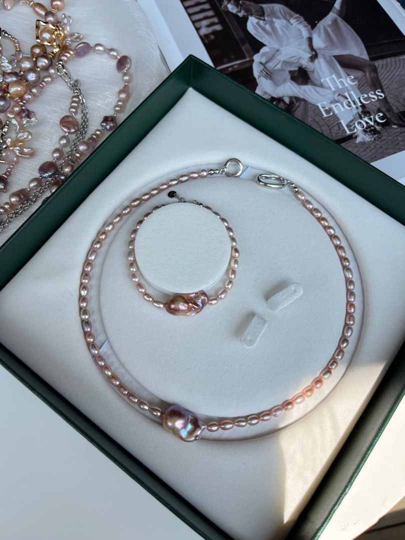 #PN195 Metallic City| Freshwater Pearl Necklace & Bracelet Set | Minimalist |Lustrous Baroque Pearl |Small Rice Pearl|Natural Flaws