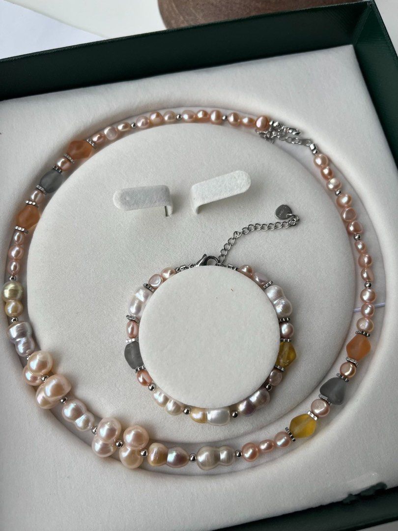 #PN210 Golden Age|Freshwater Pearl Bracelet & Necklace Set|Baroque Pearl |Gourd Shaped|Coloured Glaze