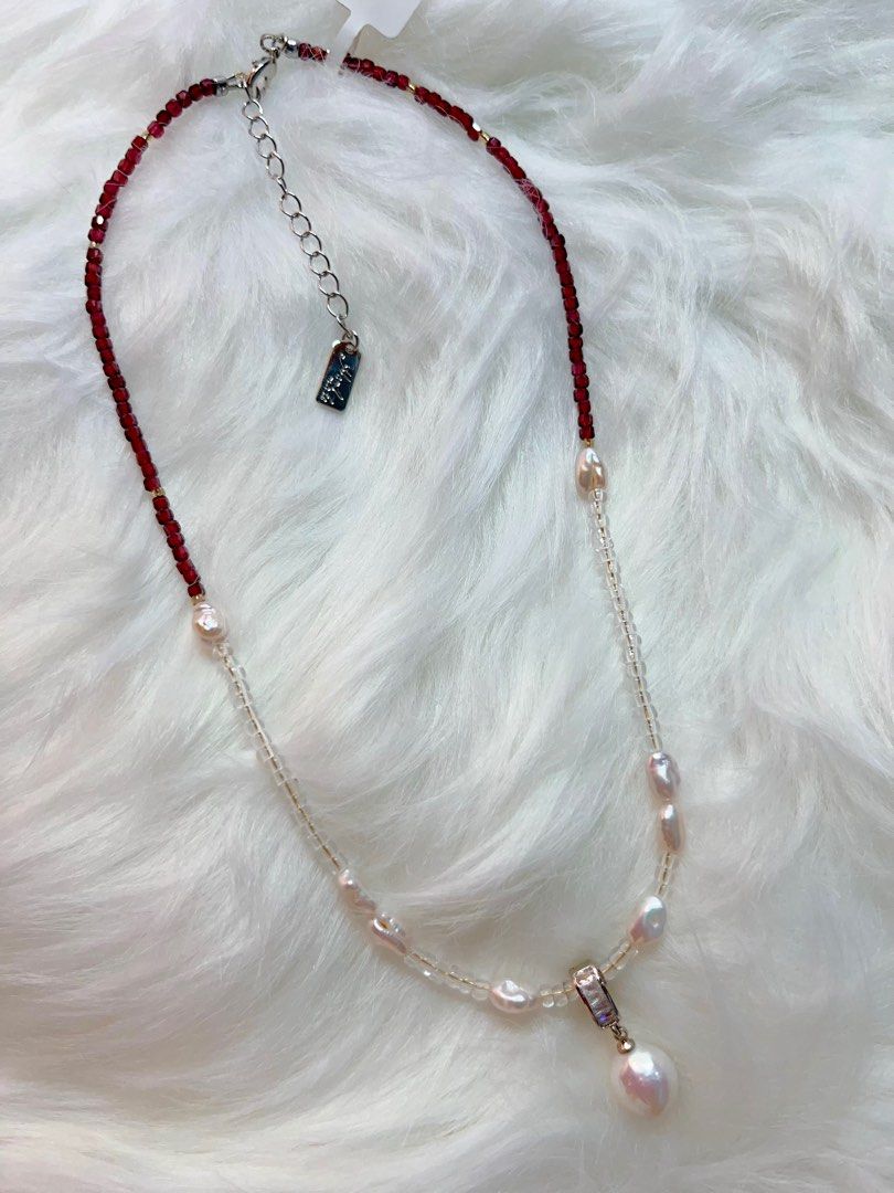 #PN278 Dark Red | Freshwater Pearl Necklace | Garnet Cubes| Import Beads| Keshi Baroque | Removable Pendant Pearl