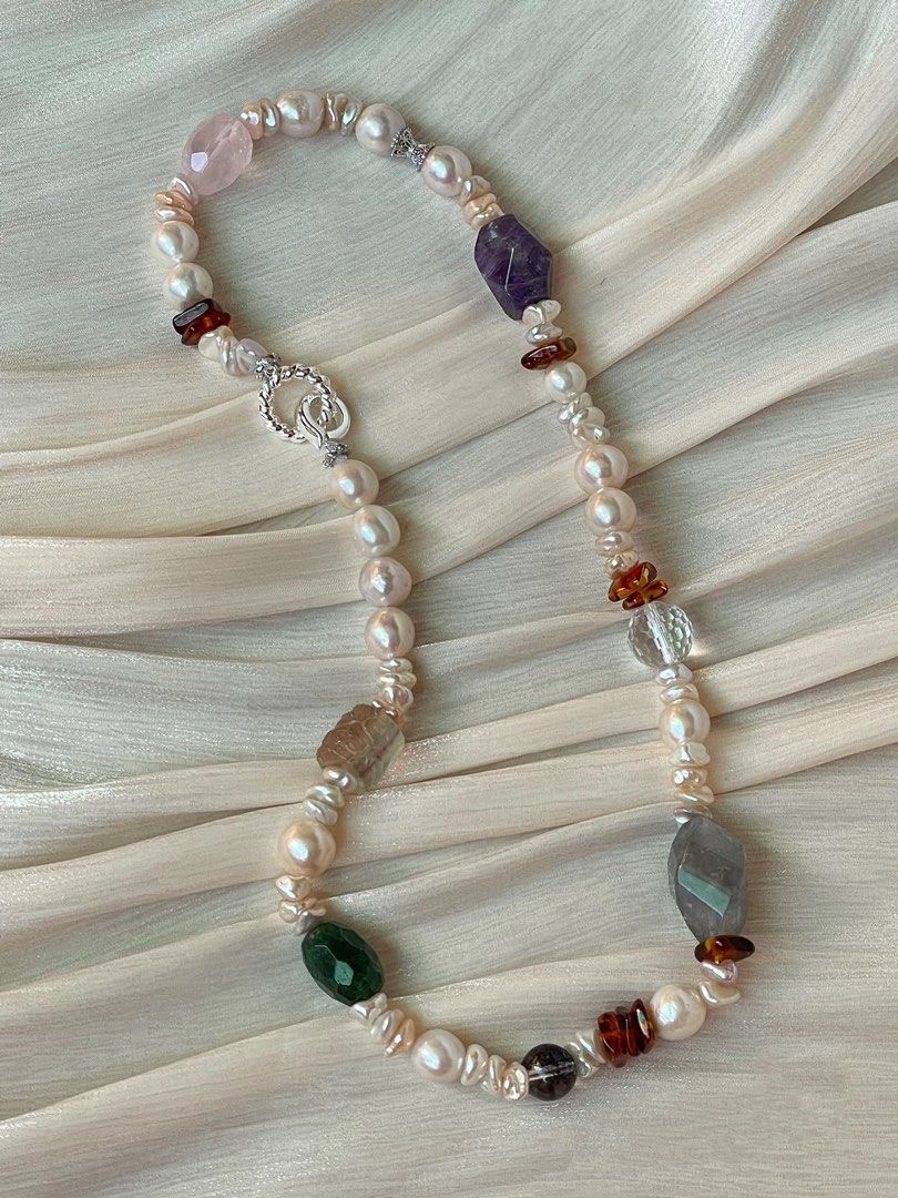 #PN19 Divine Drape| Freshwater Pearl Necklace | Beeswax Chip|Faceted Rose Quartz|Amethyst Freeform| Black Rutile| Green Strawberry Faceted |Chip Baroque | Carved Fluorite Barrel | Phantom