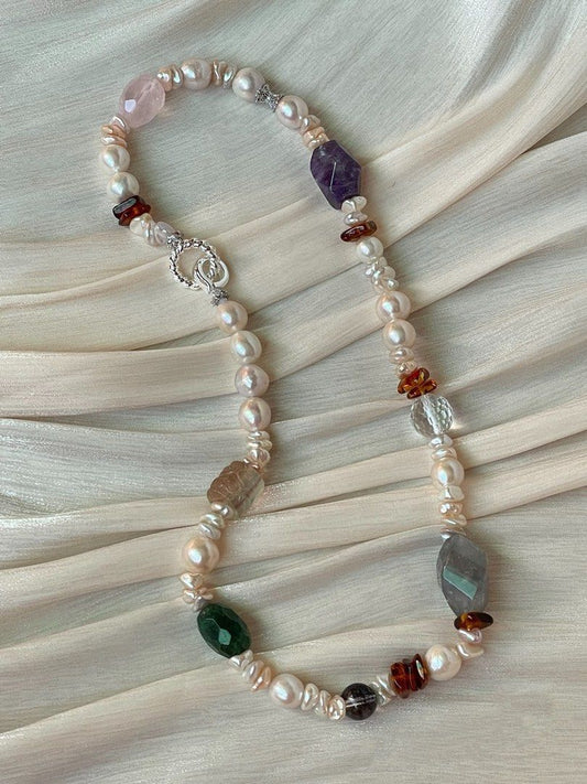 #PN19 Divine Drape| Freshwater Pearl Necklace | Beeswax Chip|Faceted Rose Quartz|Amethyst Freeform| Black Rutile| Green Strawberry Faceted |Chip Baroque | Carved Fluorite Barrel | Phantom