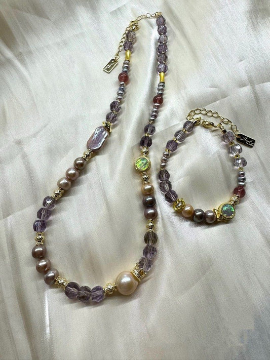 #PN226 Purple Crown |Freshwater Pearl Necklace & Bracelet Set |Clear Purple Quartz |Champagne Gold Pearl|Supreme Lustre|Deep Purple Pearl |Strawberry Quartz