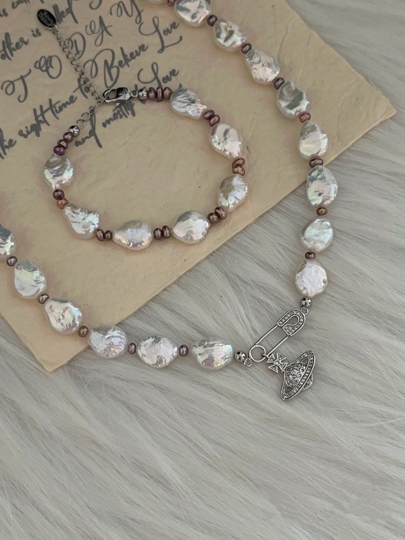 #PN254 White Diamond | Freshwater Pearl Necklace & Bracelet Set | Pin |Water-drop, Coin Pearl | Lustrous