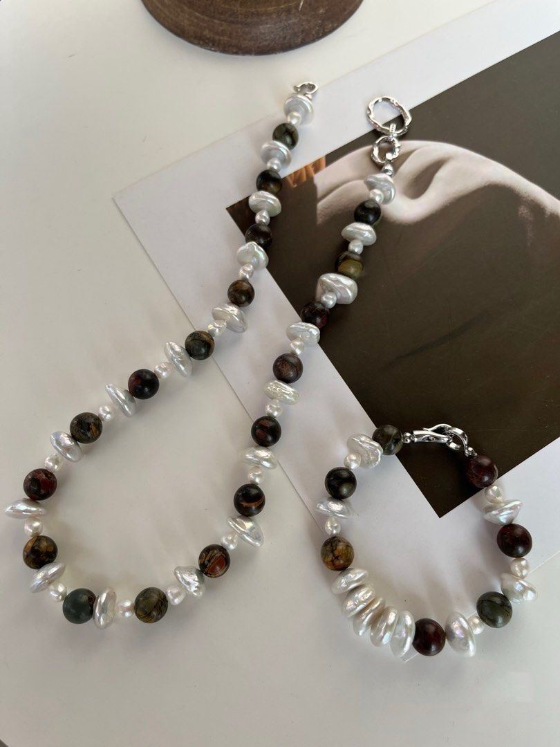 #PN241 Mushroom Forest | Freshwater Pearl Necklace & Bracelet Set |Coin Pearl|Sandalwood|Can Connect as Long Necklace