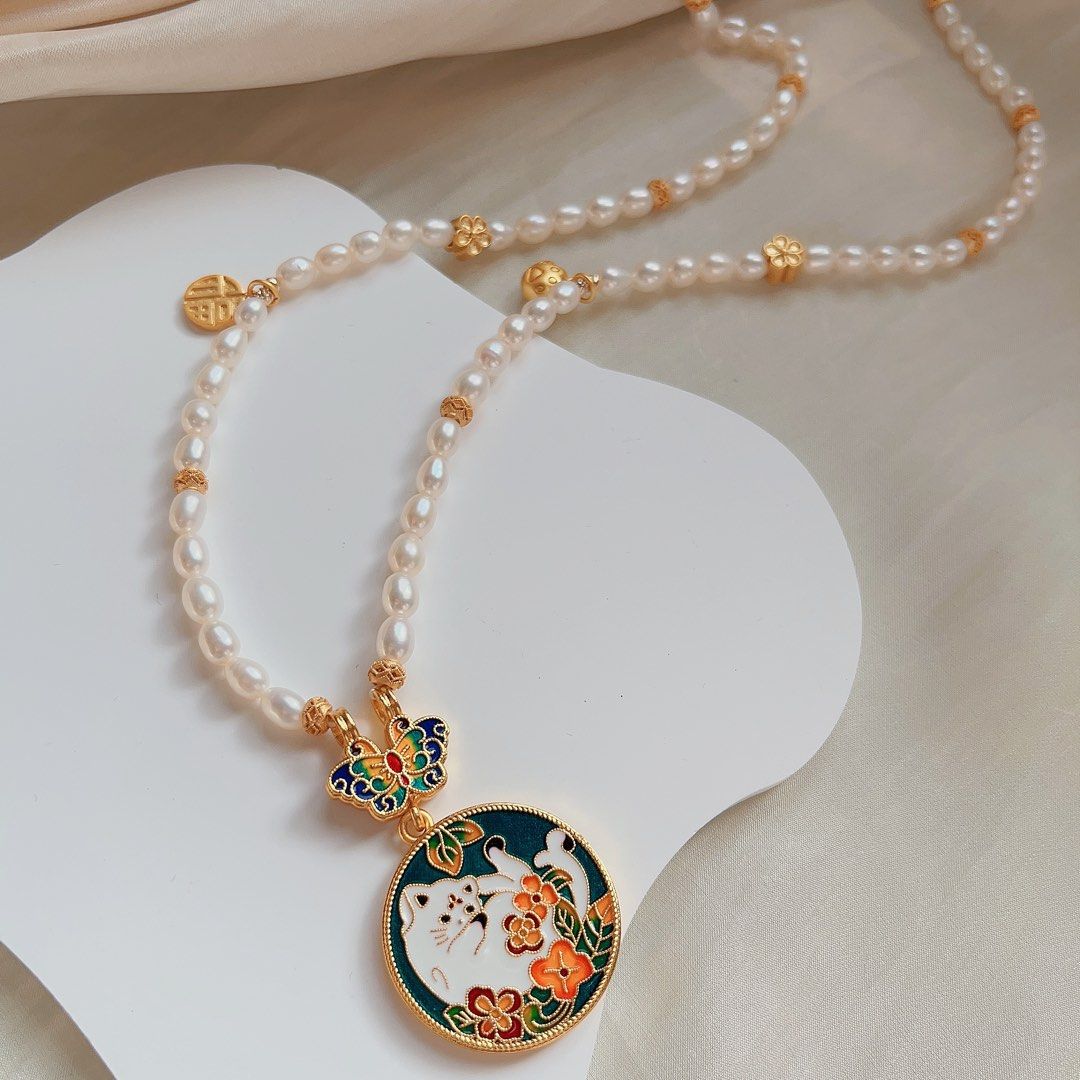 #PN99 Freshwater Pearl Long Necklace |Double-sided Cat Pendent| Alluvial Gold Plated