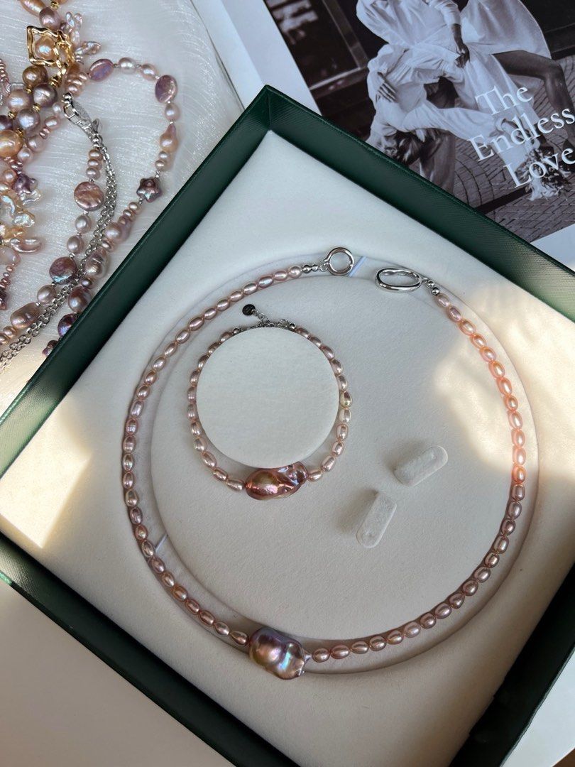 #PN195 Metallic City| Freshwater Pearl Necklace & Bracelet Set | Minimalist |Lustrous Baroque Pearl |Small Rice Pearl|Natural Flaws