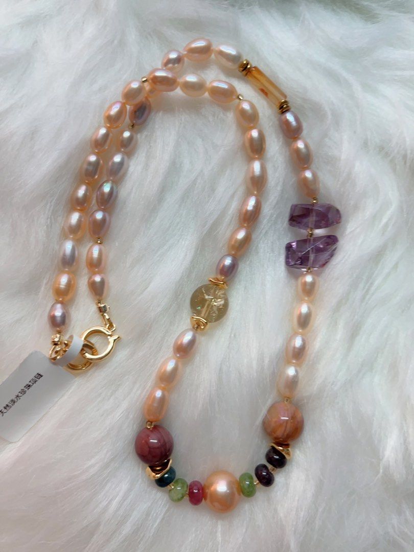 #PN279 Splendid Pink| Freshwater Pearl Necklace | Lustrous Rice Pearl | Amethyst Freeform | Tourmaline Abacus | Citrine | Edison Pearl