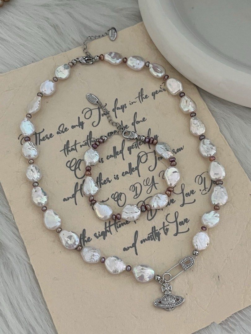 #PN254 White Diamond | Freshwater Pearl Necklace & Bracelet Set | Pin |Water-drop, Coin Pearl | Lustrous