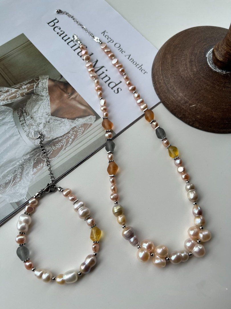 #PN210 Golden Age|Freshwater Pearl Bracelet & Necklace Set|Baroque Pearl |Gourd Shaped|Coloured Glaze