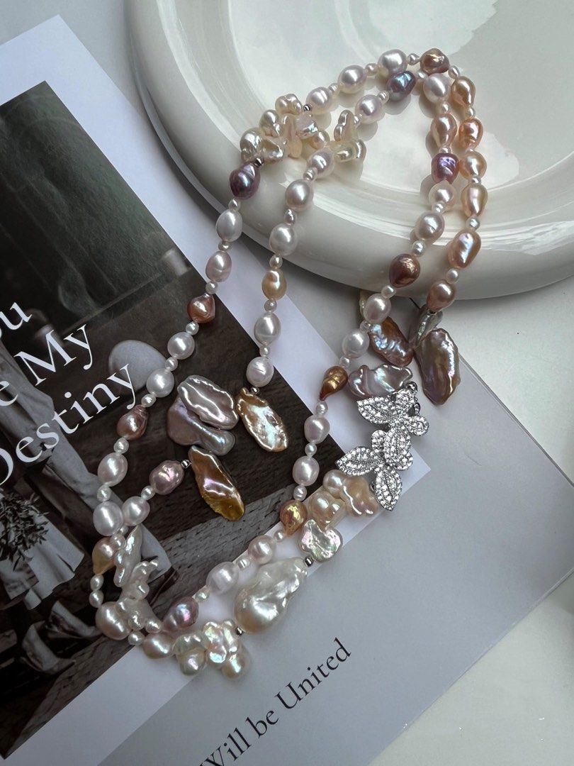 #PN43 Original Design Freshwater “Alien” Shaped Baroque Pearl Long Necklace | Fishtail Pearl|Petals Pearl | Avocado Color