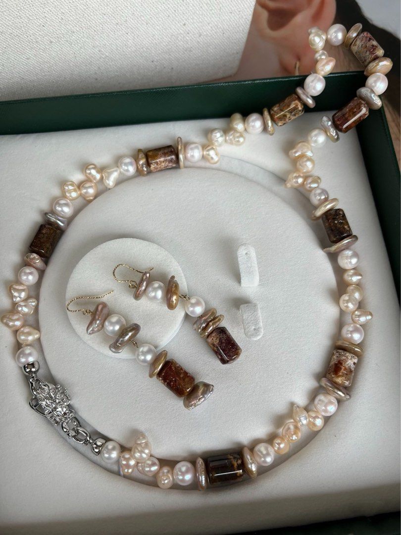 #PN196 Autumn Leaves | Freshwater Pearl Necklace & Earrings Set |Natural Stones |Quartz|Coin Pearl |Big Baroque Pearl|Natural Flaws