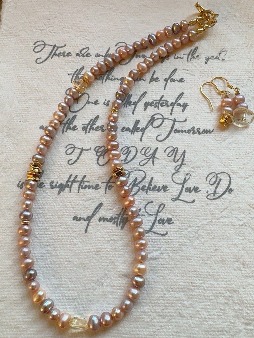 #PN255 Preppy Classic | Freshwater Pearl Necklace & Earrings Necklace |Lustrous Purple | White Quartz | Minimalist