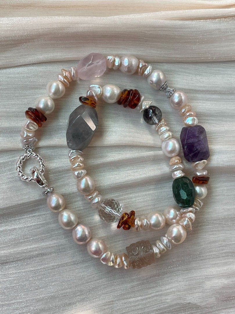 #PN19 Divine Drape| Freshwater Pearl Necklace | Beeswax Chip|Faceted Rose Quartz|Amethyst Freeform| Black Rutile| Green Strawberry Faceted |Chip Baroque | Carved Fluorite Barrel | Phantom