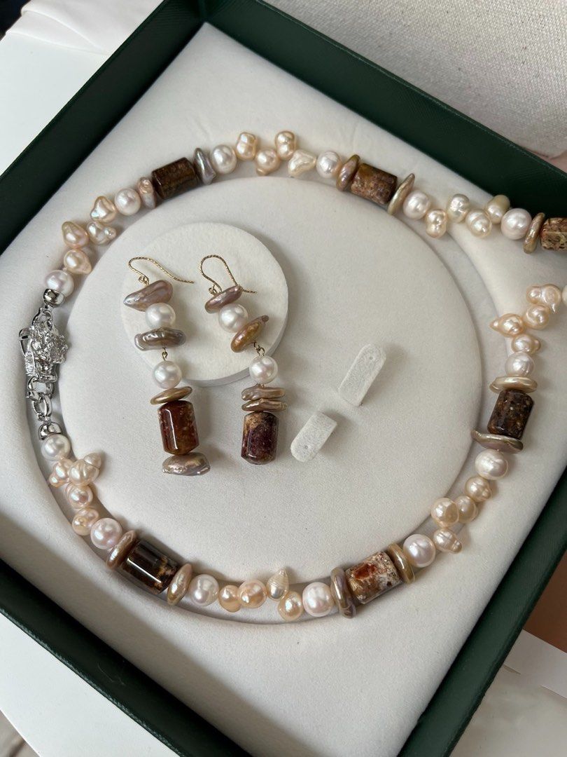 #PN196 Autumn Leaves | Freshwater Pearl Necklace & Earrings Set |Natural Stones |Quartz|Coin Pearl |Big Baroque Pearl|Natural Flaws
