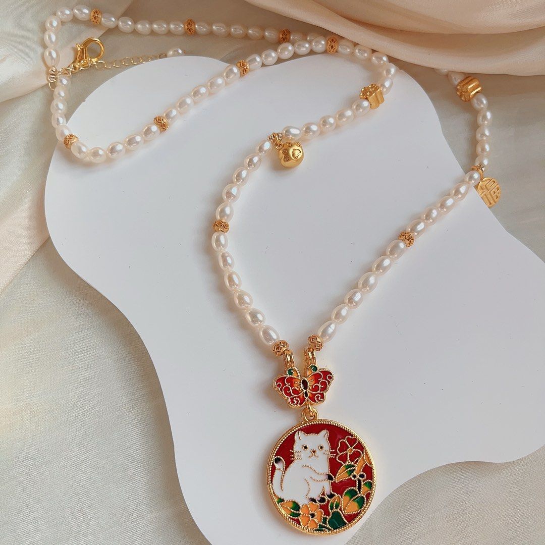 #PN99 Freshwater Pearl Long Necklace |Double-sided Cat Pendent| Alluvial Gold Plated