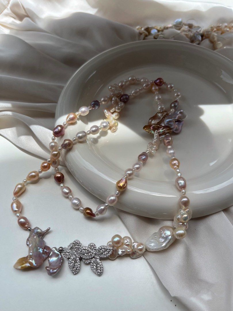 #PN43 Original Design Freshwater “Alien” Shaped Baroque Pearl Long Necklace | Fishtail Pearl|Petals Pearl | Avocado Color