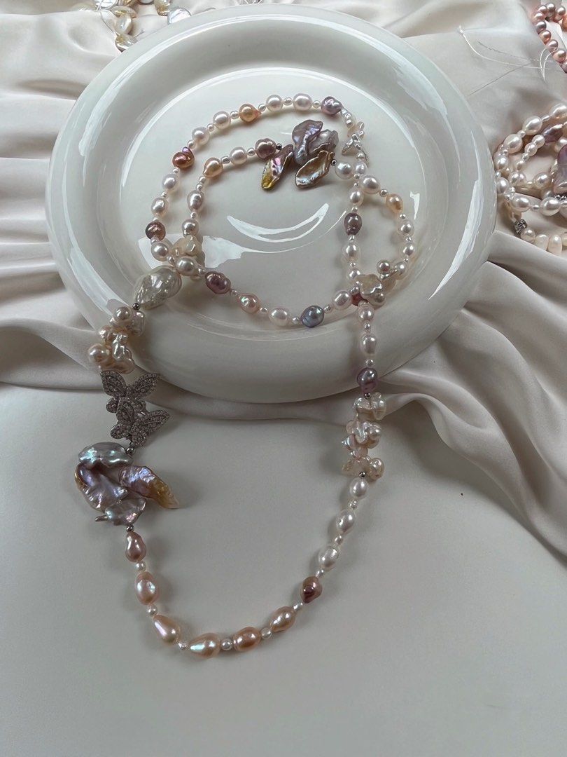 #PN43 Original Design Freshwater “Alien” Shaped Baroque Pearl Long Necklace | Fishtail Pearl|Petals Pearl | Avocado Color