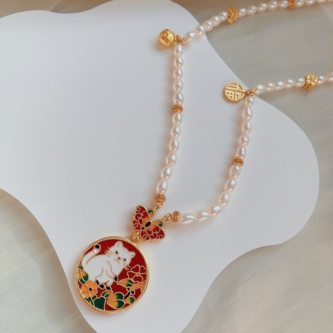 #PN99 Freshwater Pearl Long Necklace |Double-sided Cat Pendent| Alluvial Gold Plated