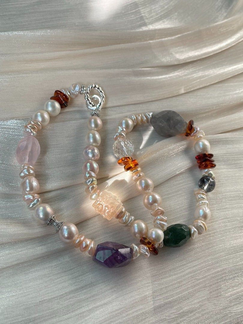 #PN19 Divine Drape| Freshwater Pearl Necklace | Beeswax Chip|Faceted Rose Quartz|Amethyst Freeform| Black Rutile| Green Strawberry Faceted |Chip Baroque | Carved Fluorite Barrel | Phantom