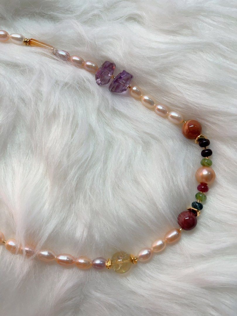 #PN279 Splendid Pink| Freshwater Pearl Necklace | Lustrous Rice Pearl | Amethyst Freeform | Tourmaline Abacus | Citrine | Edison Pearl