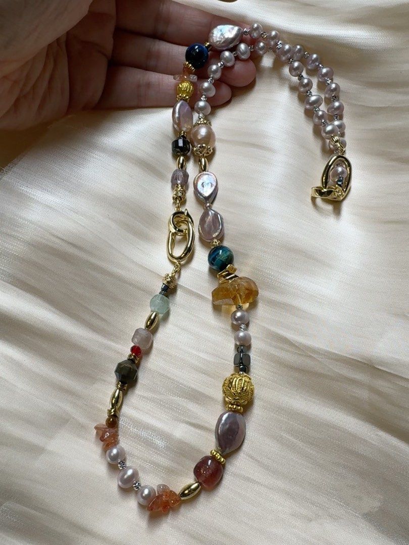 #PN211 Summer Wonder|Freshwater Pearl Necklace & Bracelet Set |Blue Tiger Eye|Yellow Quartz |Sun Stone|Pink Quartz |Big Peach Baroque Pearl |Purple Button Pearl|Bracelet & Necklace Connectable