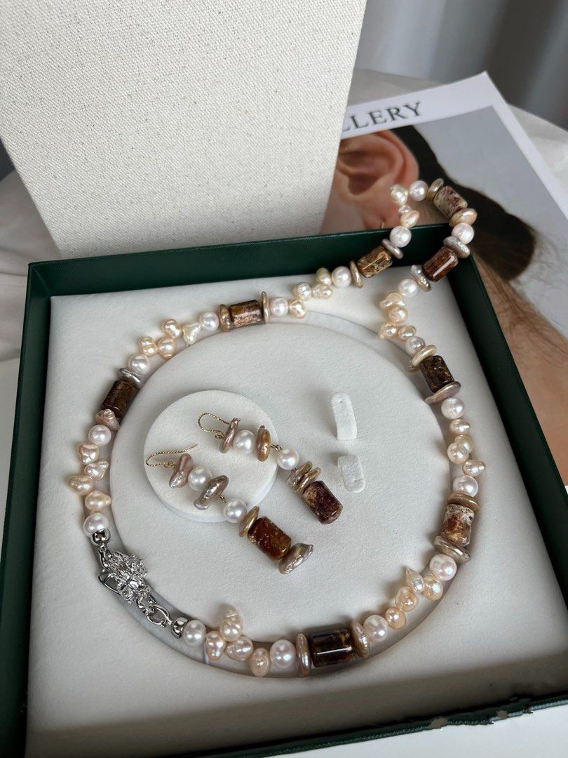 #PN196 Autumn Leaves | Freshwater Pearl Necklace & Earrings Set |Natural Stones |Quartz|Coin Pearl |Big Baroque Pearl|Natural Flaws