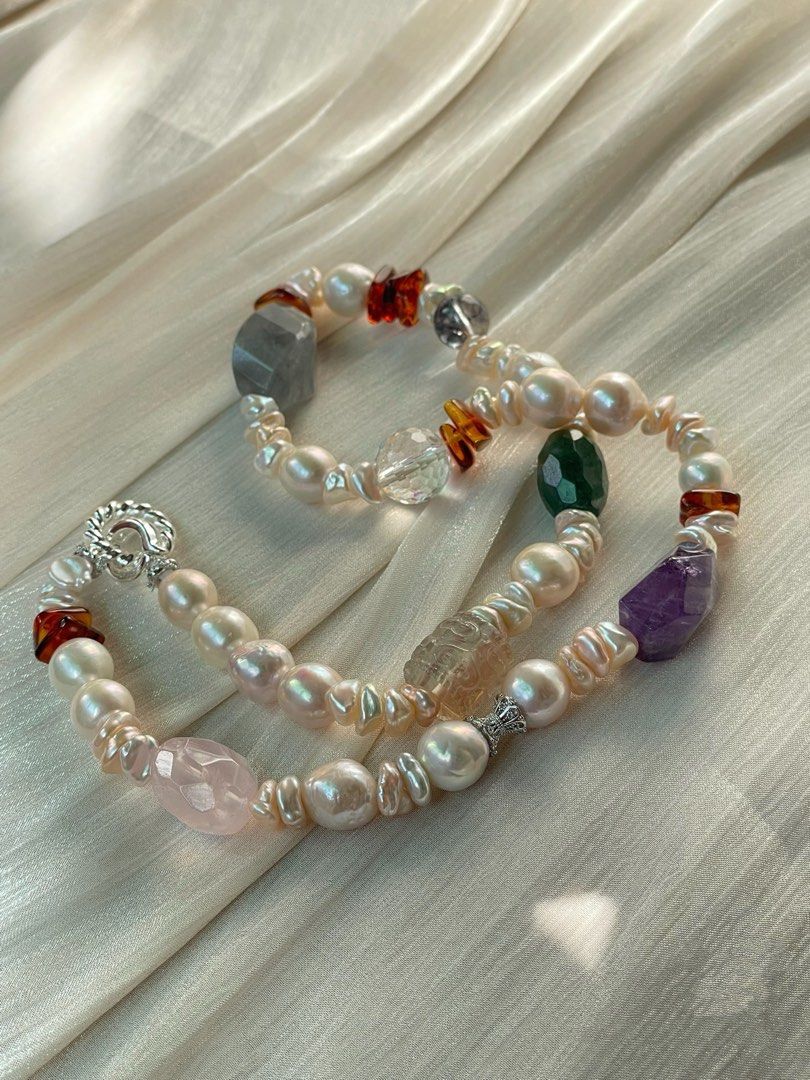 #PN19 Divine Drape| Freshwater Pearl Necklace | Beeswax Chip|Faceted Rose Quartz|Amethyst Freeform| Black Rutile| Green Strawberry Faceted |Chip Baroque | Carved Fluorite Barrel | Phantom