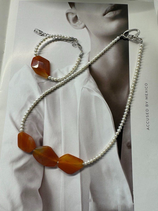 #PN227 Magnificent Red|Freshwater Pearl Necklace & Bracelet Set |Red Agate|Baby Baroque Pearl |Natural Flaws