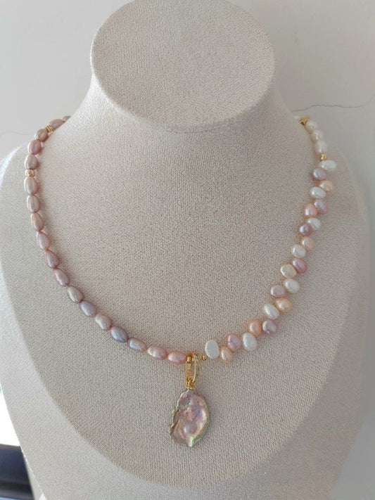 #PN289 Ocean’s Glow| Freshwater Pearl Necklace | Wheat Ear Design | Removable Pendant | Metallic Lustre | Natural Flaws