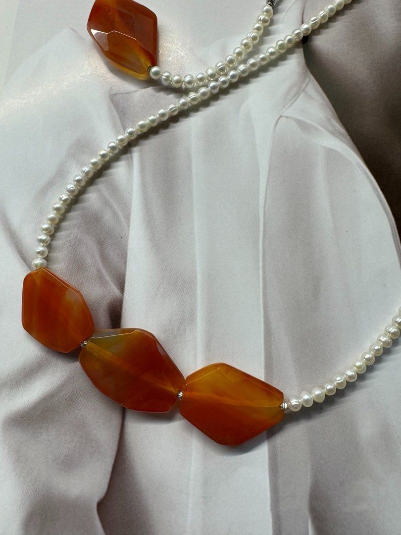 #PN227 Magnificent Red|Freshwater Pearl Necklace & Bracelet Set |Red Agate|Baby Baroque Pearl |Natural Flaws