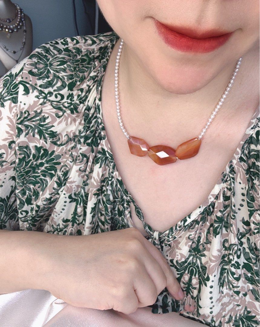 #PN227 Magnificent Red|Freshwater Pearl Necklace & Bracelet Set |Red Agate|Baby Baroque Pearl |Natural Flaws