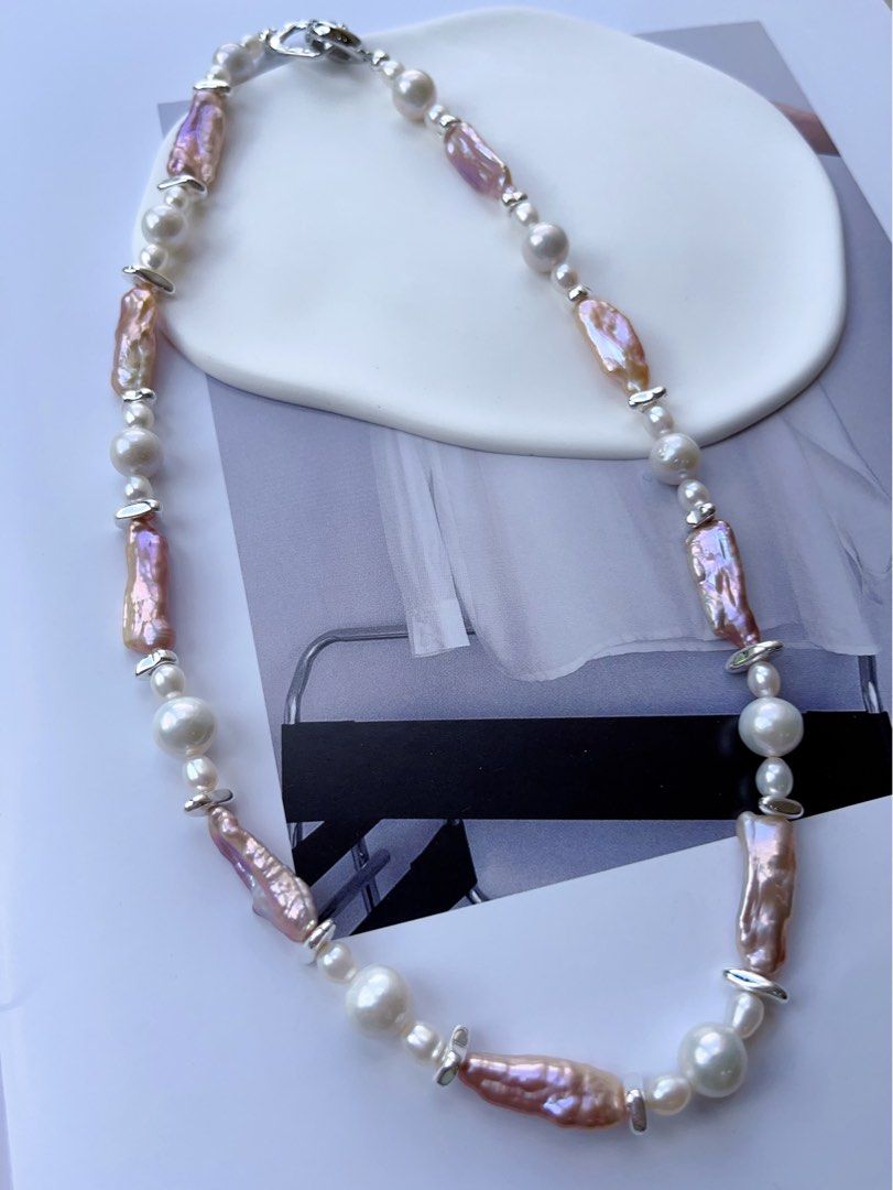 #PN100 High Fashion|Freshwater Pearl Necklace |White Baroque Pearl |Lustrous Purple Baroque Pearl |Stick Shaped|Silver Cool|47cm