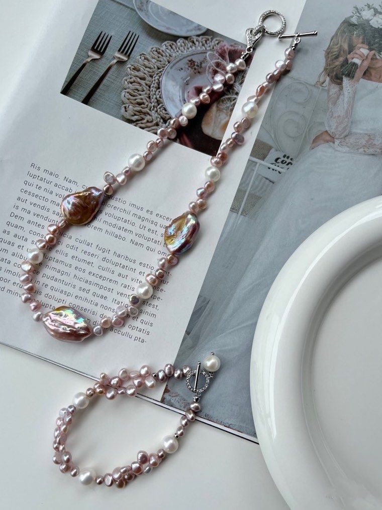 #PN197 Colour Harmony | Freshwater Pearl Bracelet & Necklace Set | Double-layered Bracelet | Baroque Pearl |Mixed Sizes & Colours |Zircon Clasps