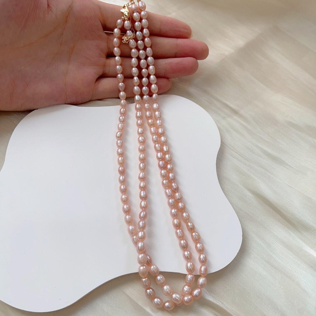 #PN82 Double Layered Genuine Freshwater Purple Rice Pearl Necklace 6mm-7mm