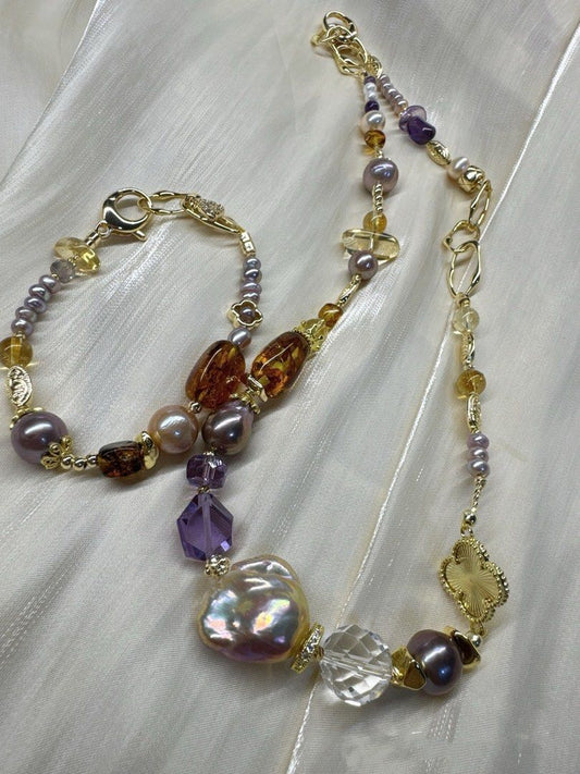 #PN243 Lost World|Freshwater Pearl Necklace & Bracelet Set |Amber|Clover|Big Lustrous Baroque Pearl |Purple Quartz |Baby Pearl