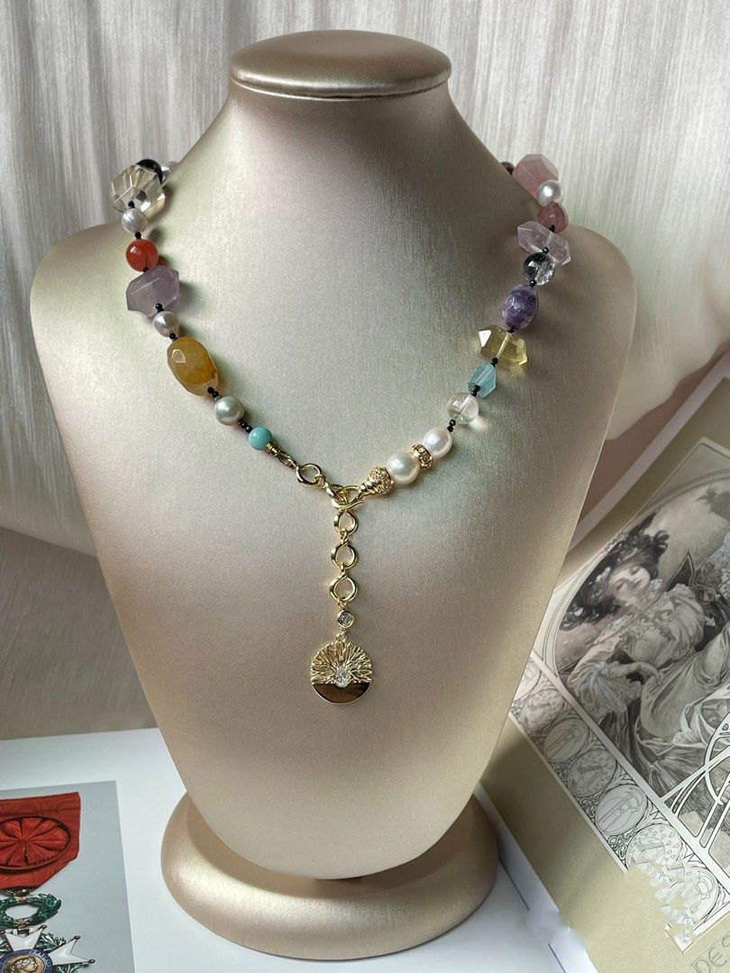 #PN20 Dopamine Gems|Freshwater Pearl Necklace |Amethyst, Citrine Freeform |Aquamarine|Moss Agate|Rose Quartz Freeform |Amazonite