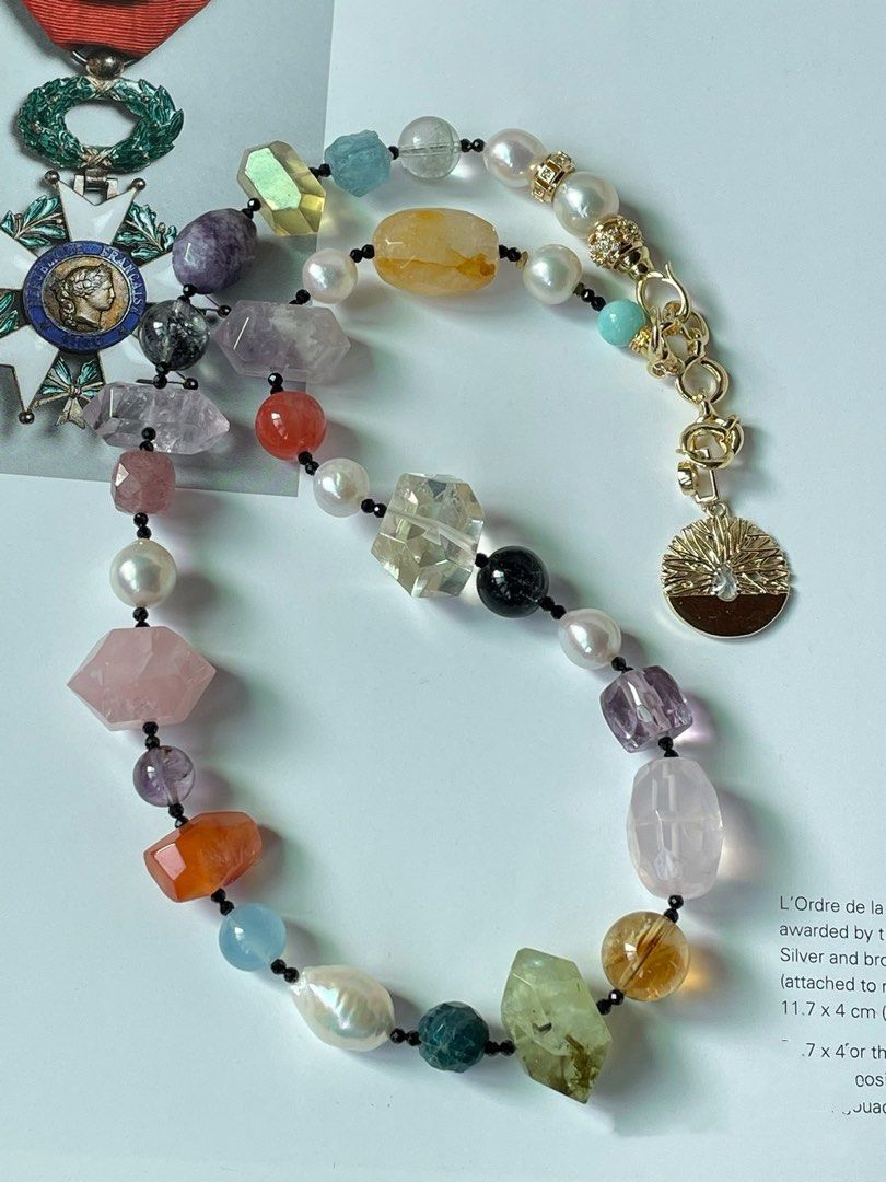 #PN20 Dopamine Gems|Freshwater Pearl Necklace |Amethyst, Citrine Freeform |Aquamarine|Moss Agate|Rose Quartz Freeform |Amazonite