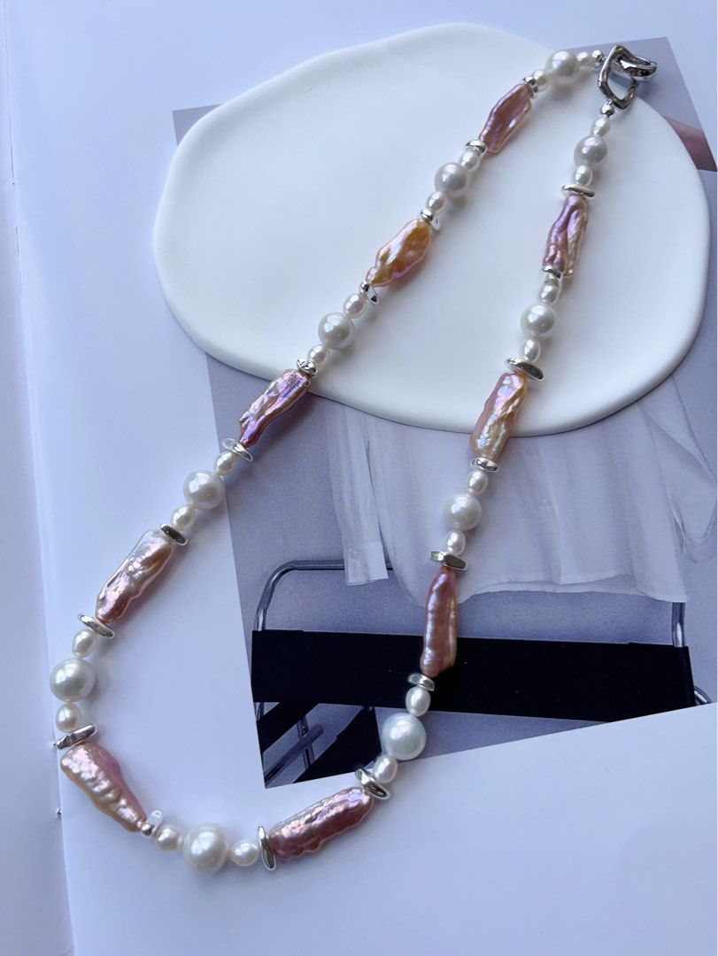 #PN100 High Fashion|Freshwater Pearl Necklace |White Baroque Pearl |Lustrous Purple Baroque Pearl |Stick Shaped|Silver Cool|47cm