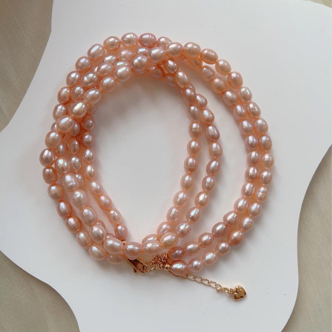 #PN82 Double Layered Genuine Freshwater Purple Rice Pearl Necklace 6mm-7mm