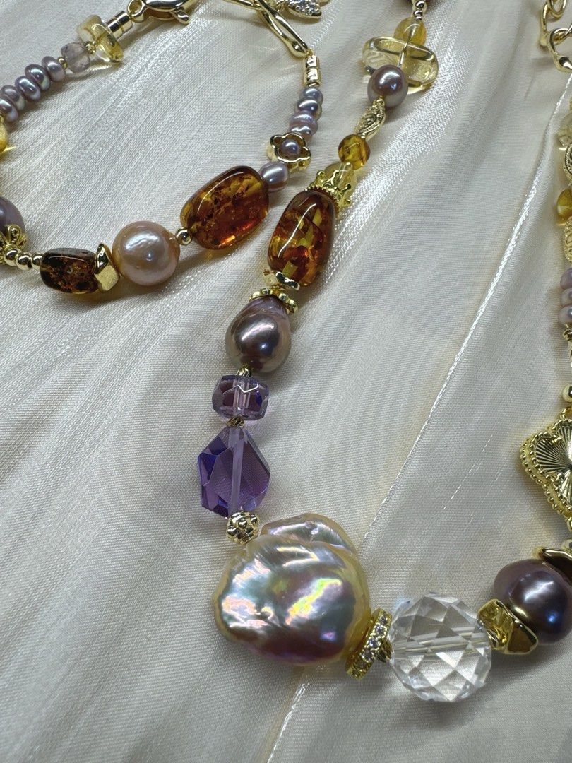 #PN243 Lost World|Freshwater Pearl Necklace & Bracelet Set |Amber|Clover|Big Lustrous Baroque Pearl |Purple Quartz |Baby Pearl