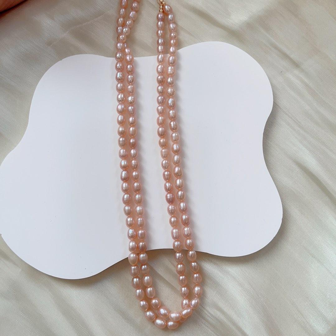 #PN82 Double Layered Genuine Freshwater Purple Rice Pearl Necklace 6mm-7mm